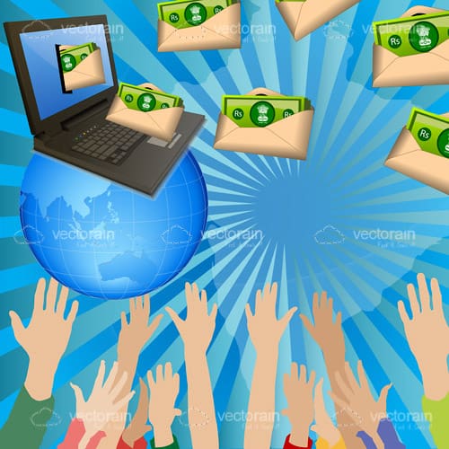 Money Themed Design with Laptop, Earth Globe, Money and Hands